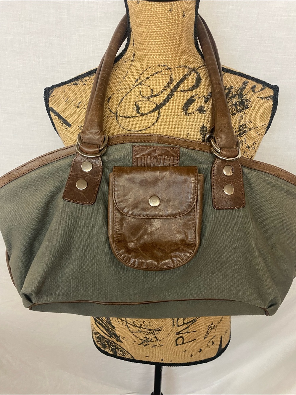 Olive Green Canvas Shoulder Bag with Brown Leather Trim